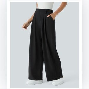 Halara Women’s Black Pleated Ribbed Wide-Leg High Waisted Pants Medium Travel